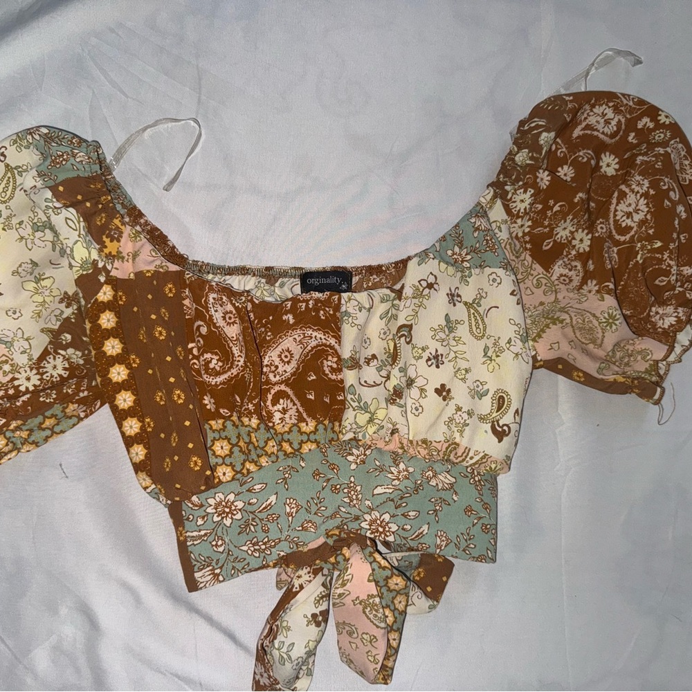 Patchwork Floral Women's Top - Brown and Cream